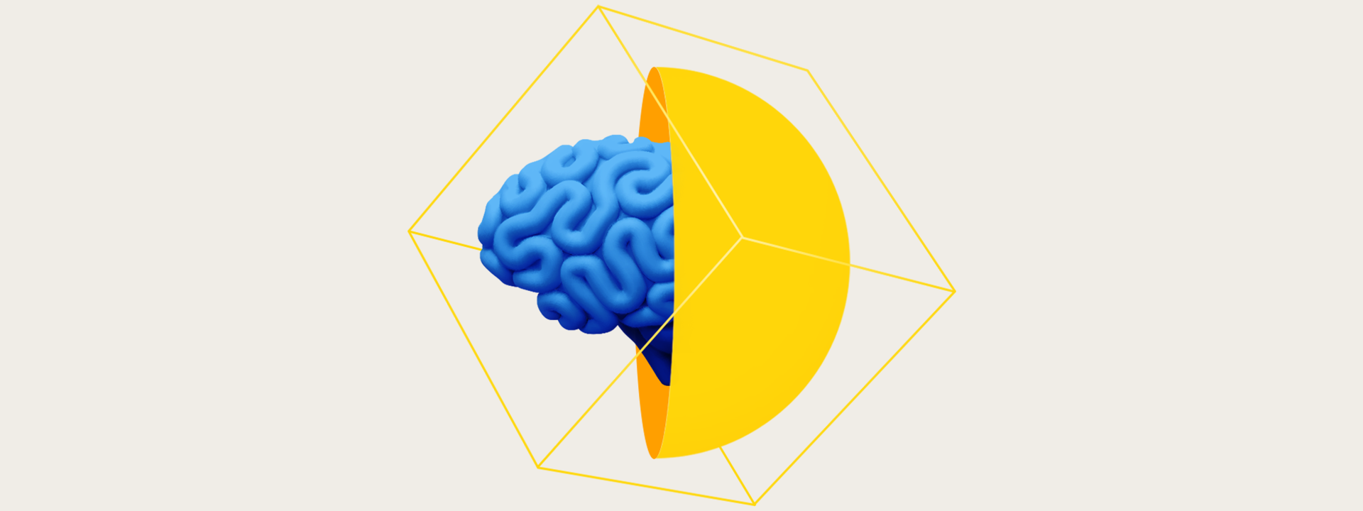 This image shows a 3D rendering of a blue brain model partially enclosed within a geometric yellow semi-circle and surrounded by a wireframe hexagonal shape. The brain appears to be emerging from the yellow shape, which creates a contrast between the organic brain and the angular, abstract lines. The background is a plain off-white, creating a clean and minimalist aesthetic. This design suggests a blend of scientific and abstract concepts, possibly symbolizing the intersection of technology, geometry, and cognitive processes.