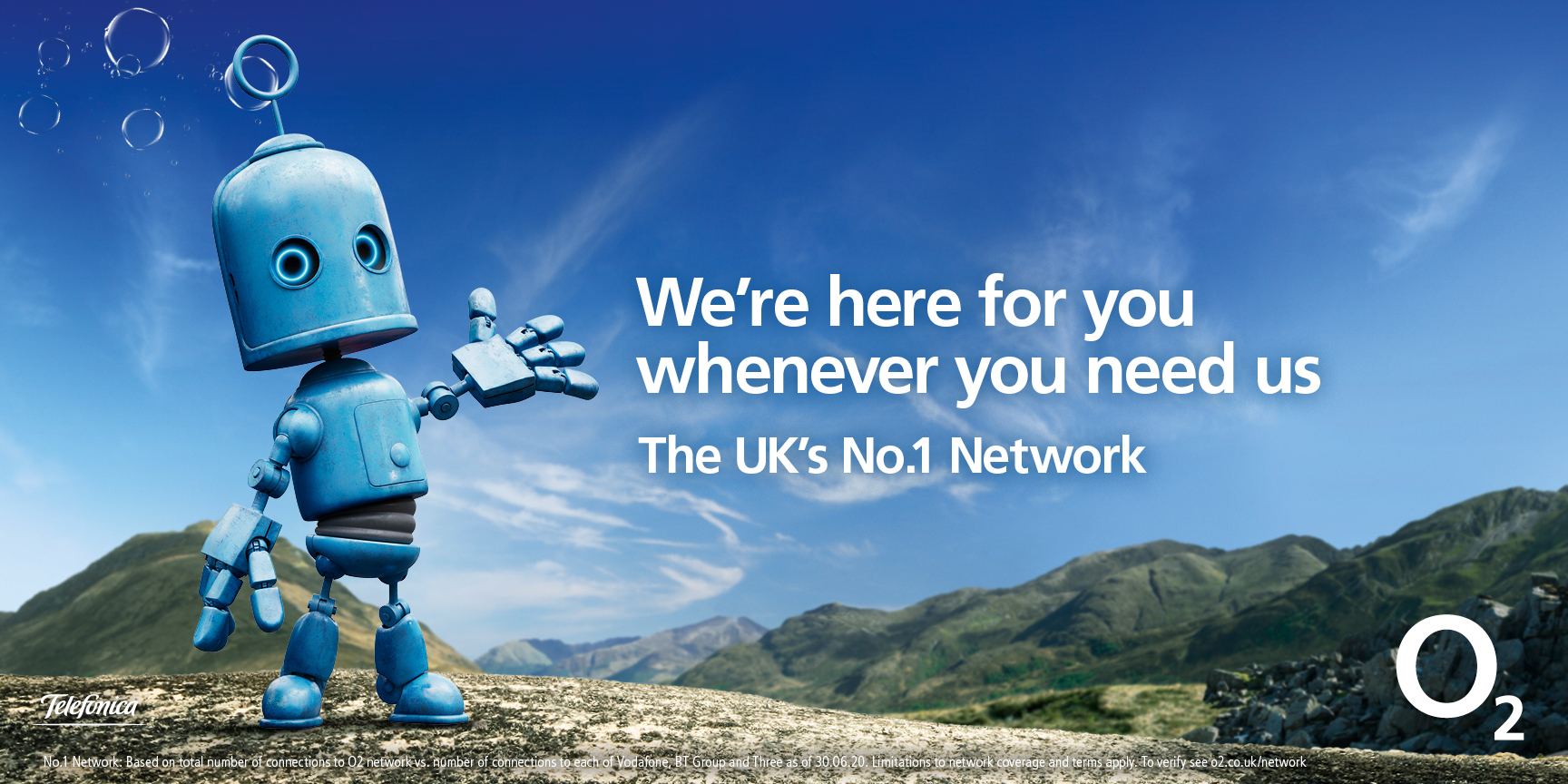 a blue robot standing on top of a mountain. text reads: we're here for you whenever you need us