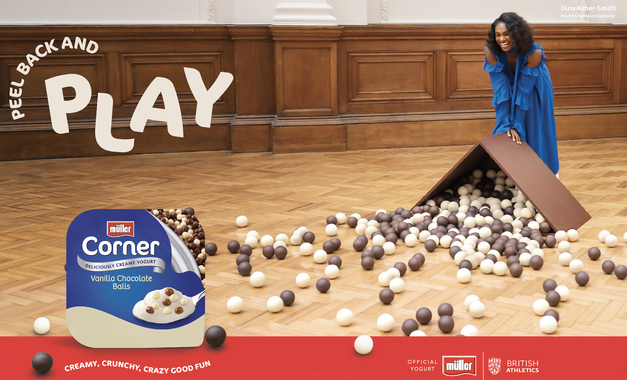 A woman in a blue dress surrounded by chocolate and white chocolate balls. text reads: peel back and play