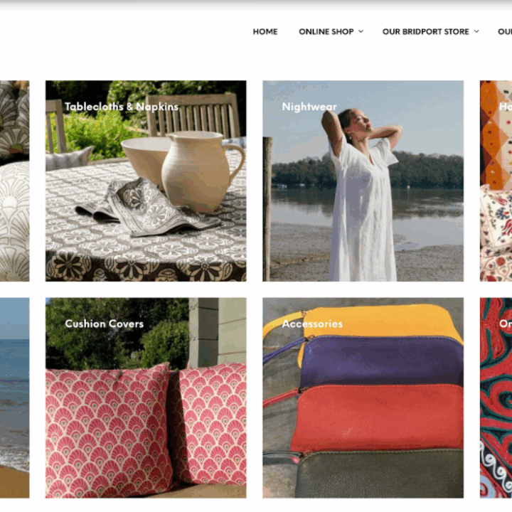 8 rectangles displaying clothes, cushions, bedding and home wear