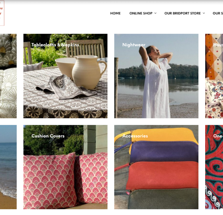 8 rectangles displaying clothes, cushions, bedding and home wear