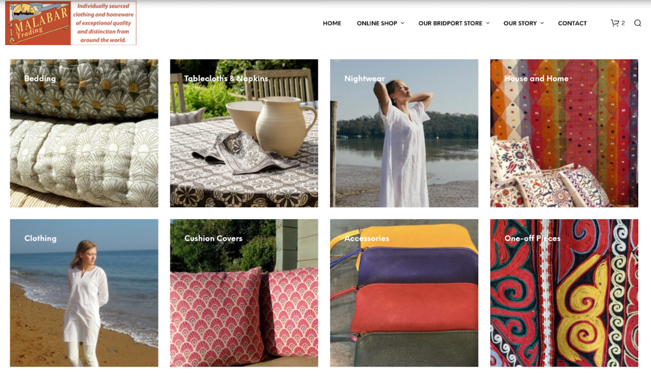 8 rectangles displaying clothes, cushions, bedding and home wear