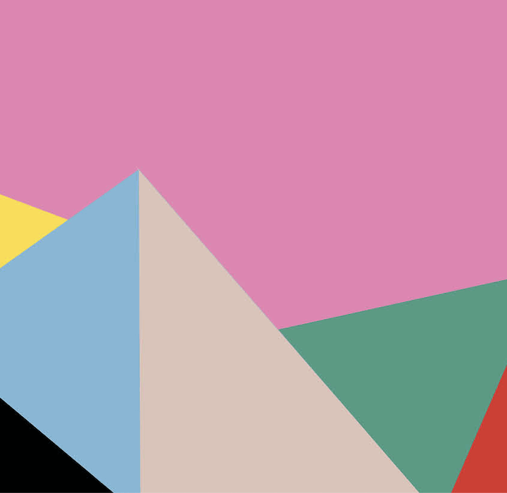 brightly coloured geometric triangles on a pink background