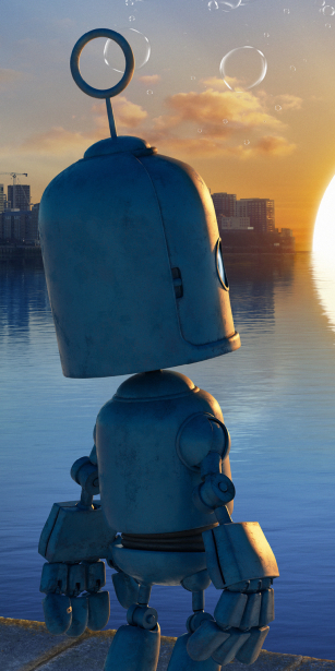 a robot looking at the o2 arena in London. text reads: here comes brighter