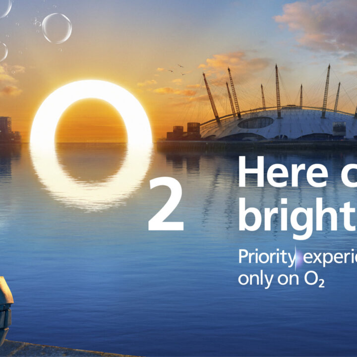 a robot looking at the o2 arena in London. text reads: here comes brighter