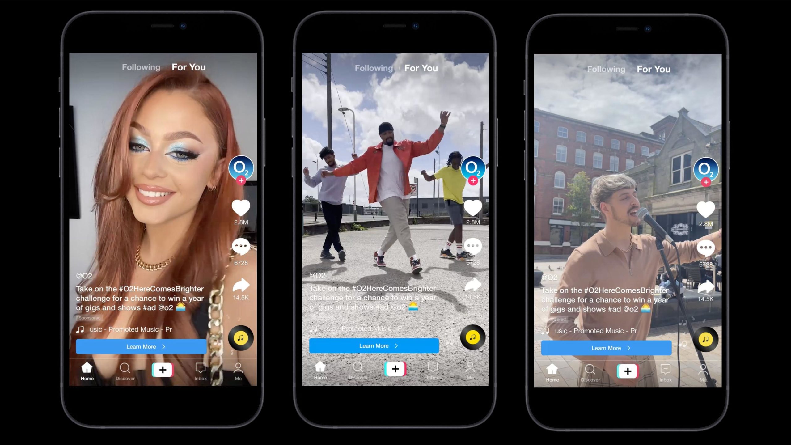 three mobile screens that have stills of TikTok videos where people are outside singing and dancing