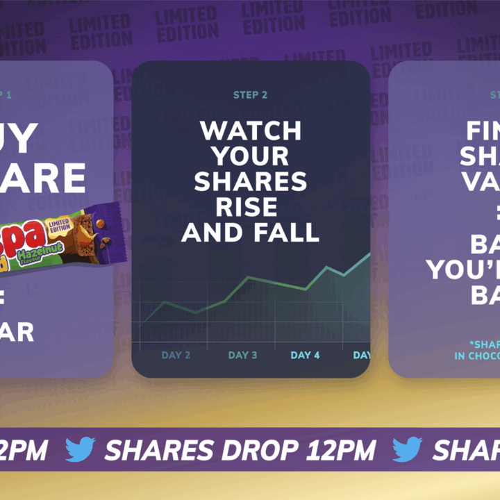 Wispa Gold Visual showing three cards advertising share buys in the new Cadbury Wispa Gold Hazelnut Flavour.