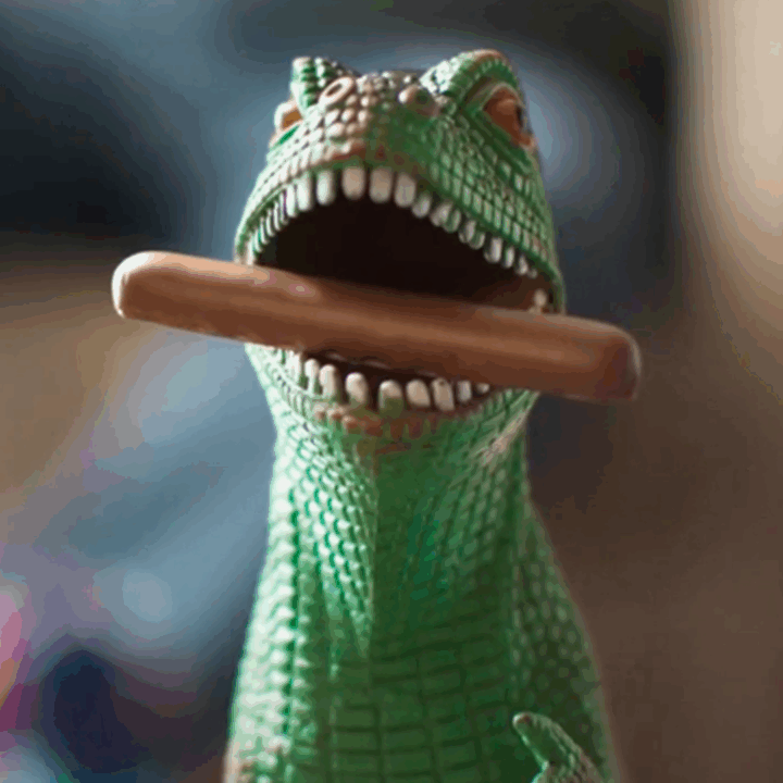 A toy dinosaur with a Cadbury Dairy Milk Finger biscuit in its mouth
