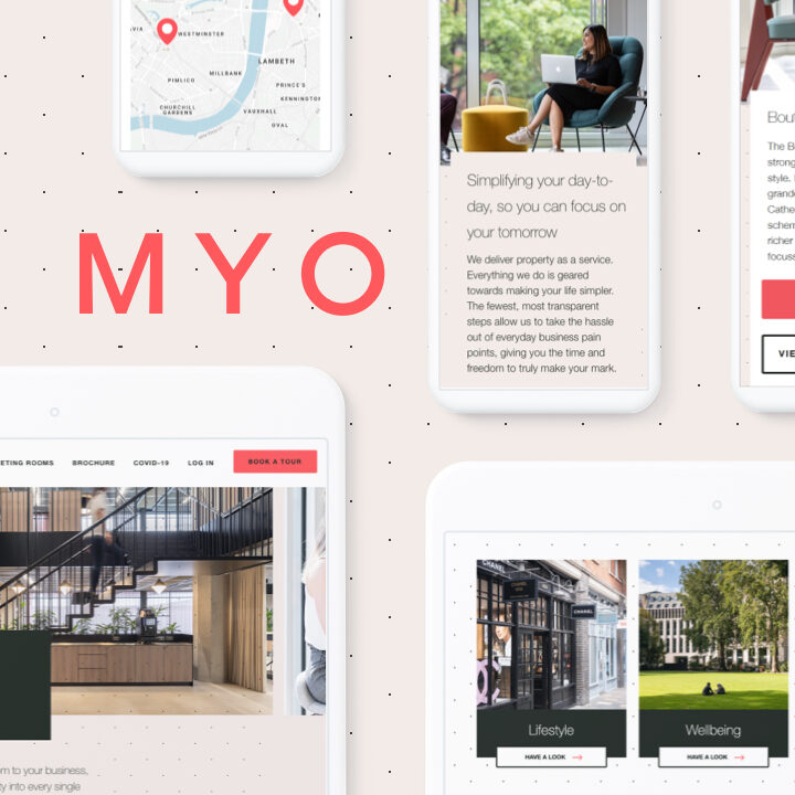 Hero Image, light pink background with examples of myo on both tablet and phone layouts