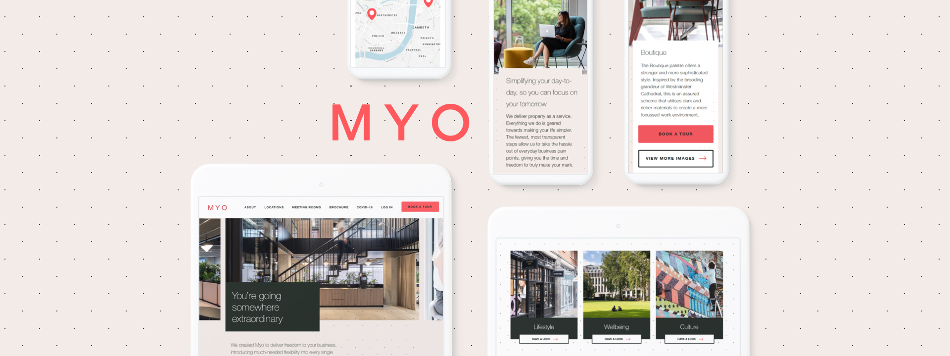 Hero Image, light pink background with examples of myo on both tablet and phone layouts