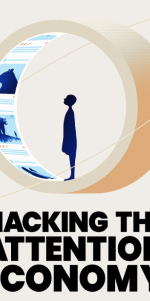 Illustration of a person inside a golden ring resembling a digital content wheel, with imagery of bears and social media posts, symbolising the challenge of capturing attention in the digital economy. Includes the text: 