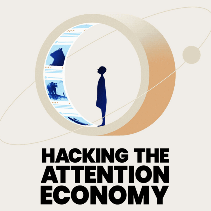 Illustration of a person inside a golden ring resembling a digital content wheel, with imagery of bears and social media posts, symbolising the challenge of capturing attention in the digital economy. Includes the text: "Hacking the Attention Economy – VCCP Challenger Series."