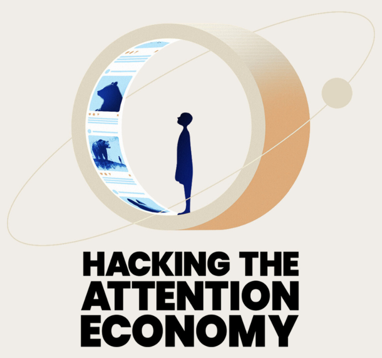 Illustration of a person inside a golden ring resembling a digital content wheel, with imagery of bears and social media posts, symbolising the challenge of capturing attention in the digital economy. Includes the text: 