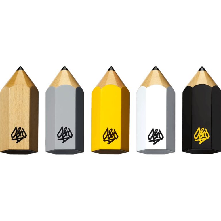 Five D&AD award pencils in a row, showcasing Wood, Graphite, Yellow, White, and Black Pencil designs.