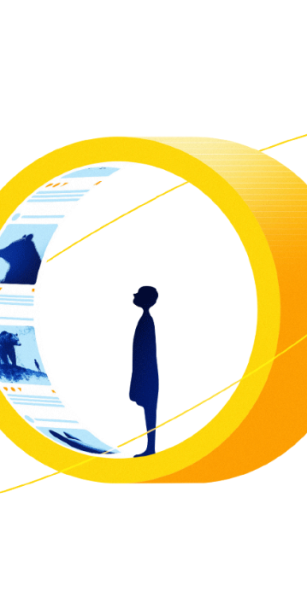 Illustration of a person inside a golden ring resembling a digital content wheel, with imagery of bears and social media posts, symbolising the challenge of capturing attention in the digital economy. Includes the text: 