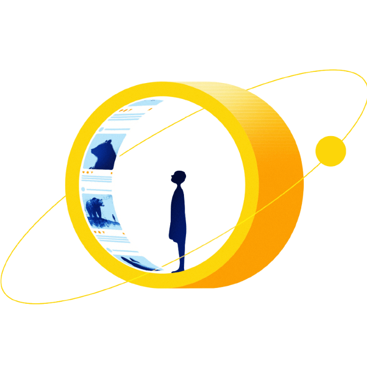 Illustration of a person inside a golden ring resembling a digital content wheel, with imagery of bears and social media posts, symbolising the challenge of capturing attention in the digital economy. Includes the text: "Hacking the Attention Economy – VCCP Challenger Series."