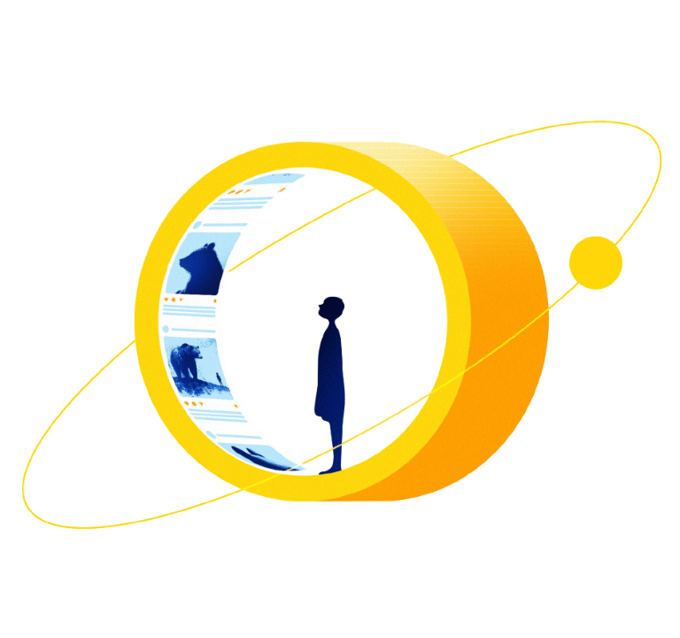 Illustration of a person inside a golden ring resembling a digital content wheel, with imagery of bears and social media posts, symbolising the challenge of capturing attention in the digital economy. Includes the text: 