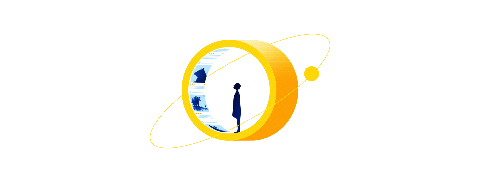Illustration of a person inside a golden ring resembling a digital content wheel, with imagery of bears and social media posts, symbolising the challenge of capturing attention in the digital economy. Includes the text: "Hacking the Attention Economy – VCCP Challenger Series."