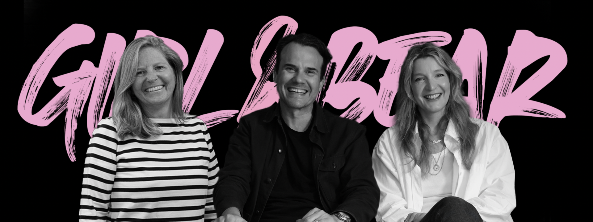 Brett Edgar, Robert Valdes, and Claire Young in front of the Girl&Bear logo