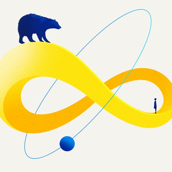 The Long and Short of Loyalty event banner design with bear on yellow infinity sign