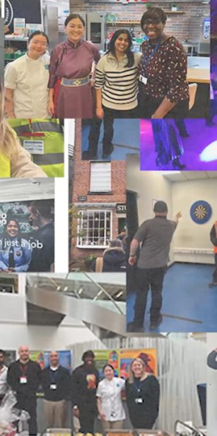 Collage of Co-op colleagues from across the UK in various roles and settings, celebrating community, diversity, and teamwork.
