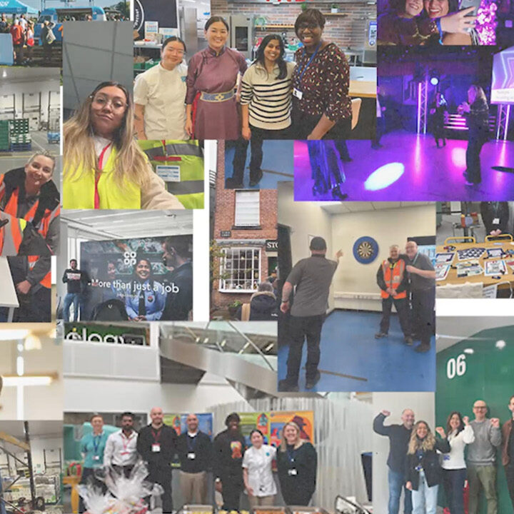 Collage of Co-op colleagues from across the UK in various roles and settings, celebrating community, diversity, and teamwork.