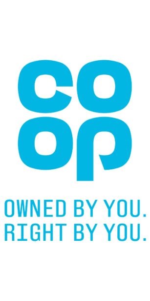 The Co-op logo in bright blue with the words underneath: “Owned by you. Right by you.” on a white background.