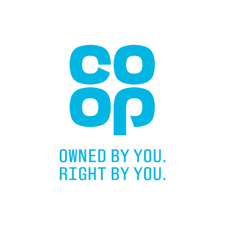 The Co-op logo in bright blue with the words underneath: “Owned by you. Right by you.” on a white background.