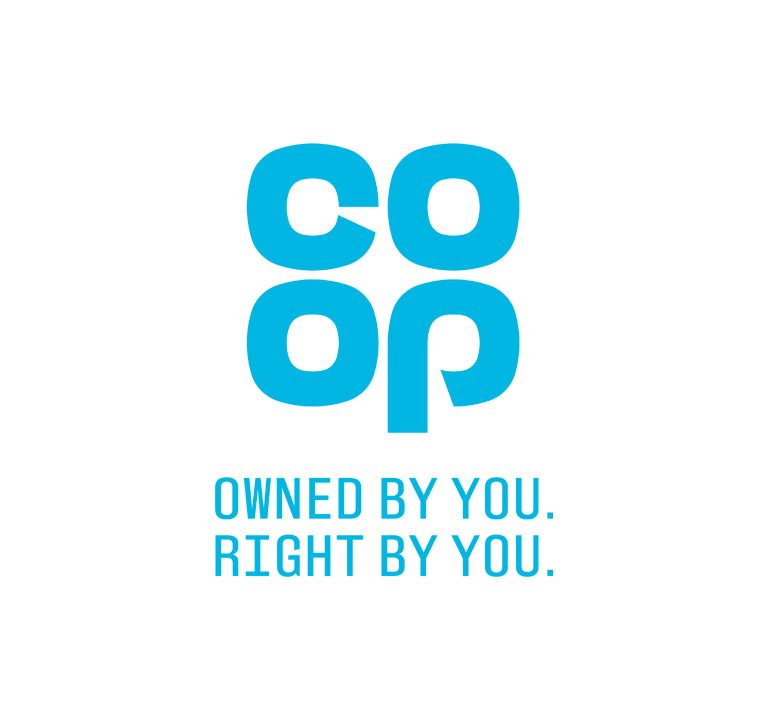 The Co-op logo in bright blue with the words underneath: “Owned by you. Right by you.” on a white background.