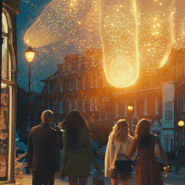 Large gold finger in the sky pointing down to 4 women.
