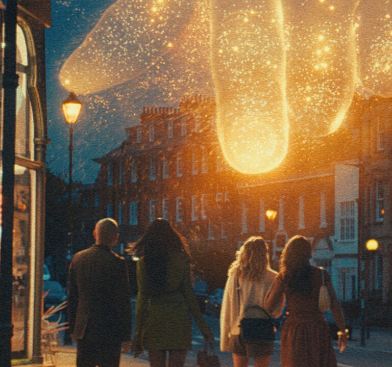 Large gold finger in the sky pointing down to 4 women.