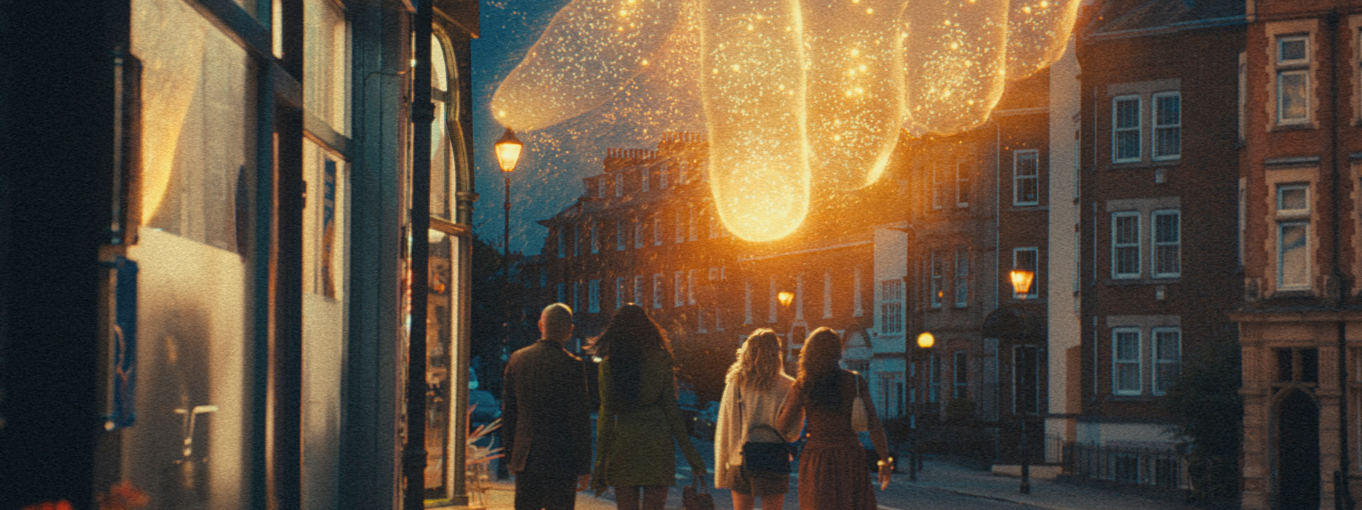Large gold finger in the sky pointing down to 4 women.