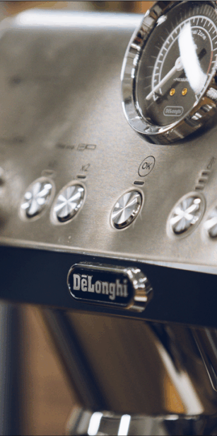 Collage of De’Longhi at the London Coffee Festival, featuring espresso pouring into branded cups, stylish coffee machines, and baristas engaging visitors.