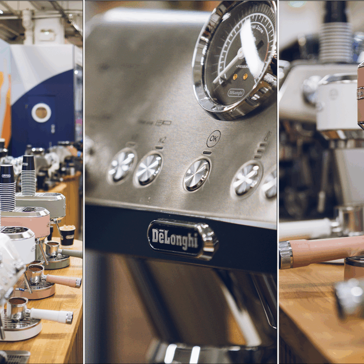 Collage of De’Longhi at the London Coffee Festival, featuring espresso pouring into branded cups, stylish coffee machines, and baristas engaging visitors.