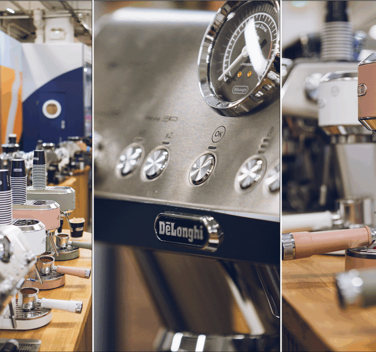Collage of De’Longhi at the London Coffee Festival, featuring espresso pouring into branded cups, stylish coffee machines, and baristas engaging visitors.
