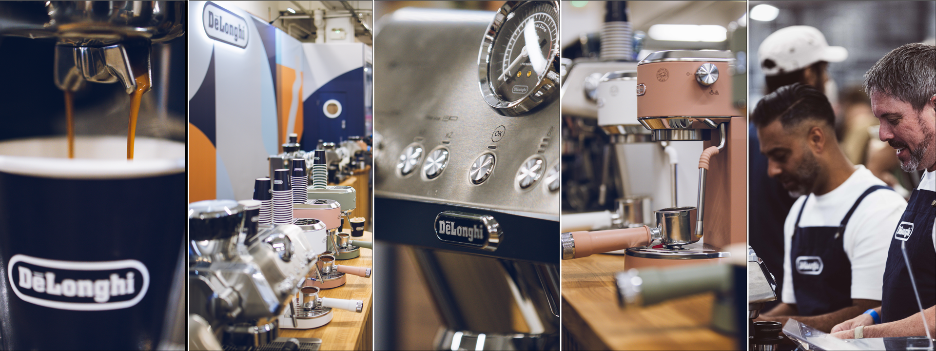 Collage of De’Longhi at the London Coffee Festival, featuring espresso pouring into branded cups, stylish coffee machines, and baristas engaging visitors.