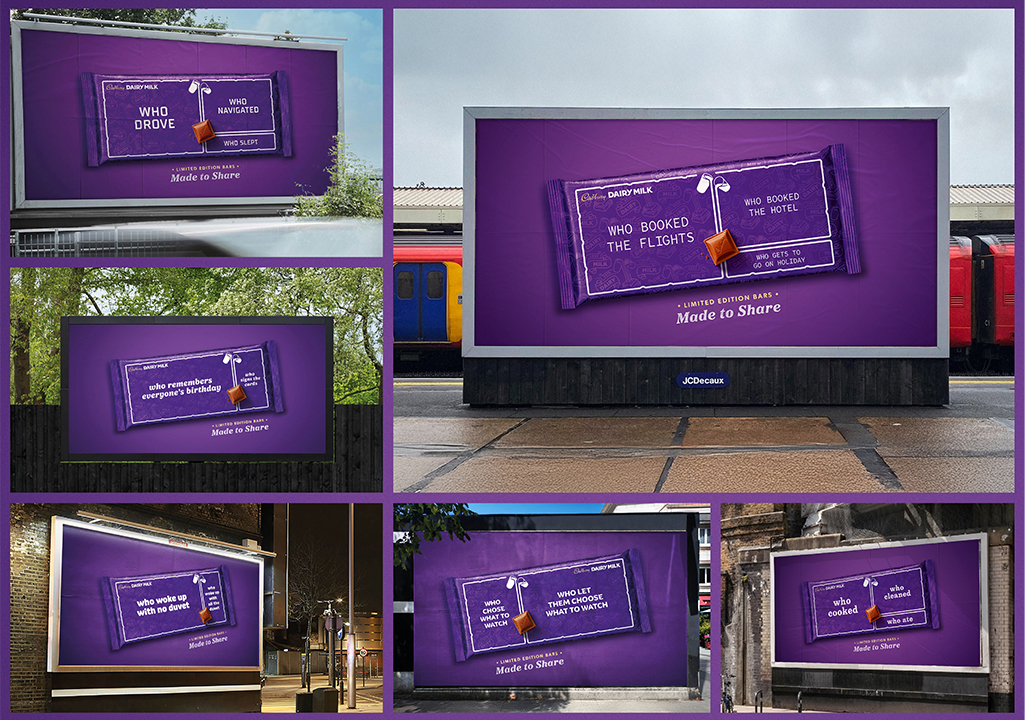 Multiple images of Cadbury Campaign 'Made To Share' billboards