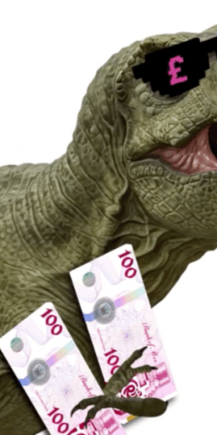 A happy T-rex dinosaur holding money and wearing pink sunglasses