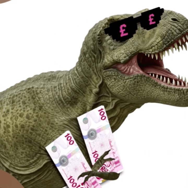 A happy T-rex dinosaur holding money and wearing pink sunglasses, surrounded by Muller FRijj