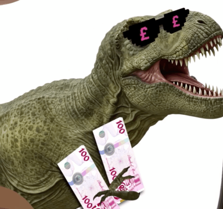 A happy T-rex dinosaur holding money and wearing pink sunglasses, surrounded by Muller FRijj