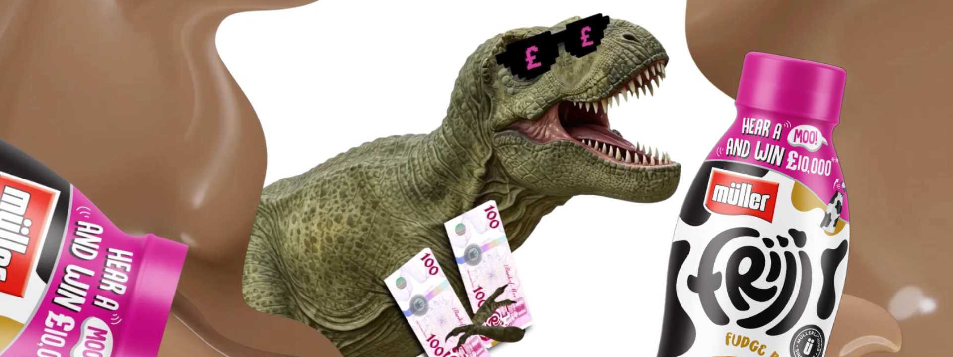 A happy T-rex dinosaur holding money and wearing pink sunglasses