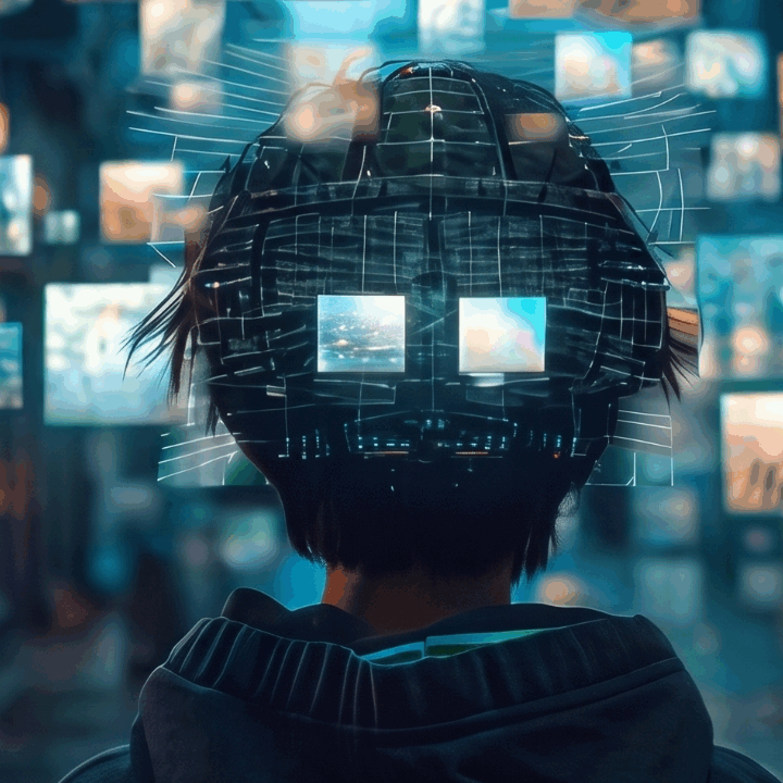 Person surrounded by screens showing different images