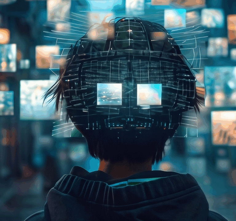 Person surrounded by screens showing different images