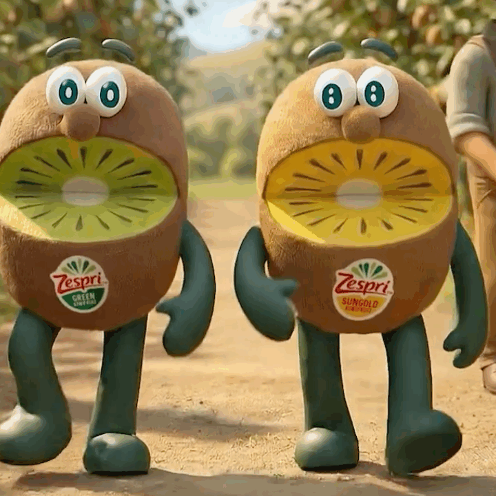 Two kiwifruits walking through a field for the new Zespri campaign by VCCP