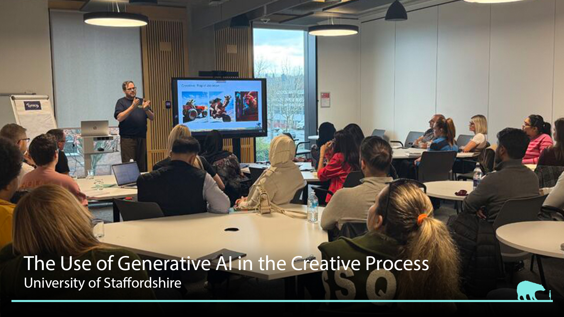Peter Gasston presenting an AI masterclass on Generative AI in the Creative Process at Staffordshire University.