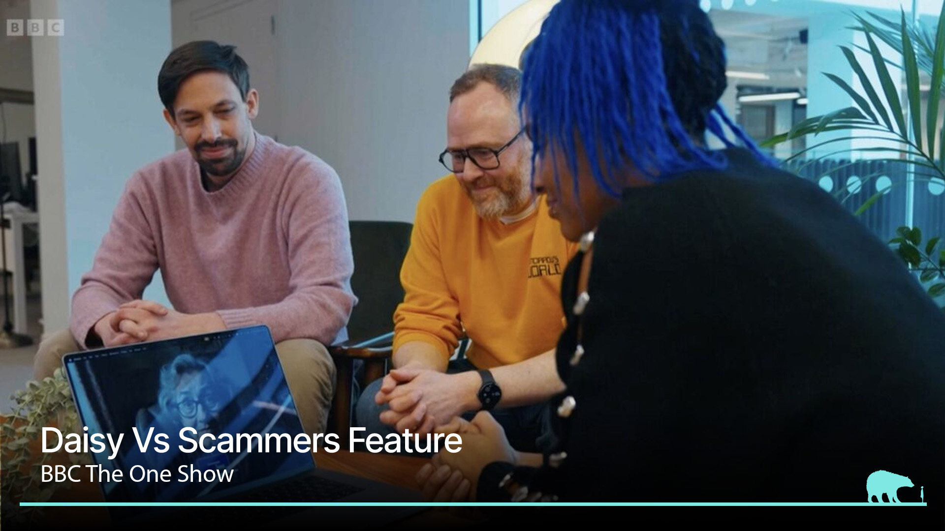 faith team, Ben and Morten showcasing Daisy vs Scammers, an AI elderly woman character on a laptop in an office workspace for BBC One Show.
