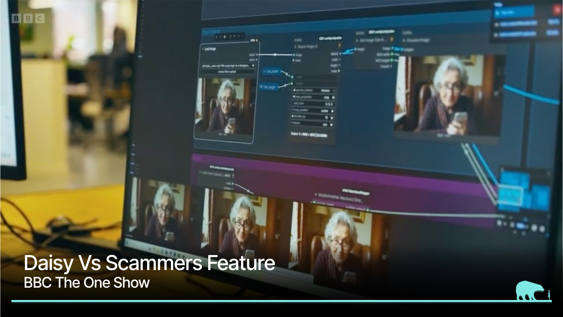 Computer monitor displaying node-based AI software interface for editing video of an elderly woman.