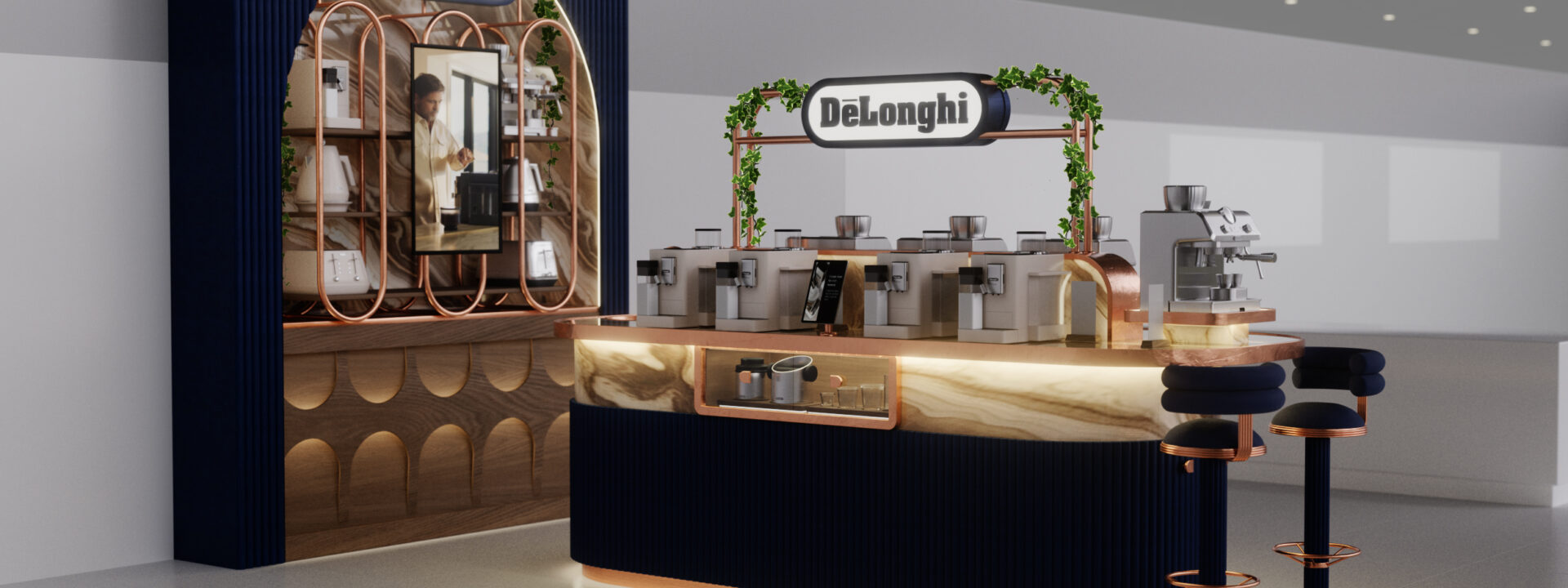 DeLonghi retail display counter featuring espresso machines, copper accents, blue fluted paneling, and bar stools.