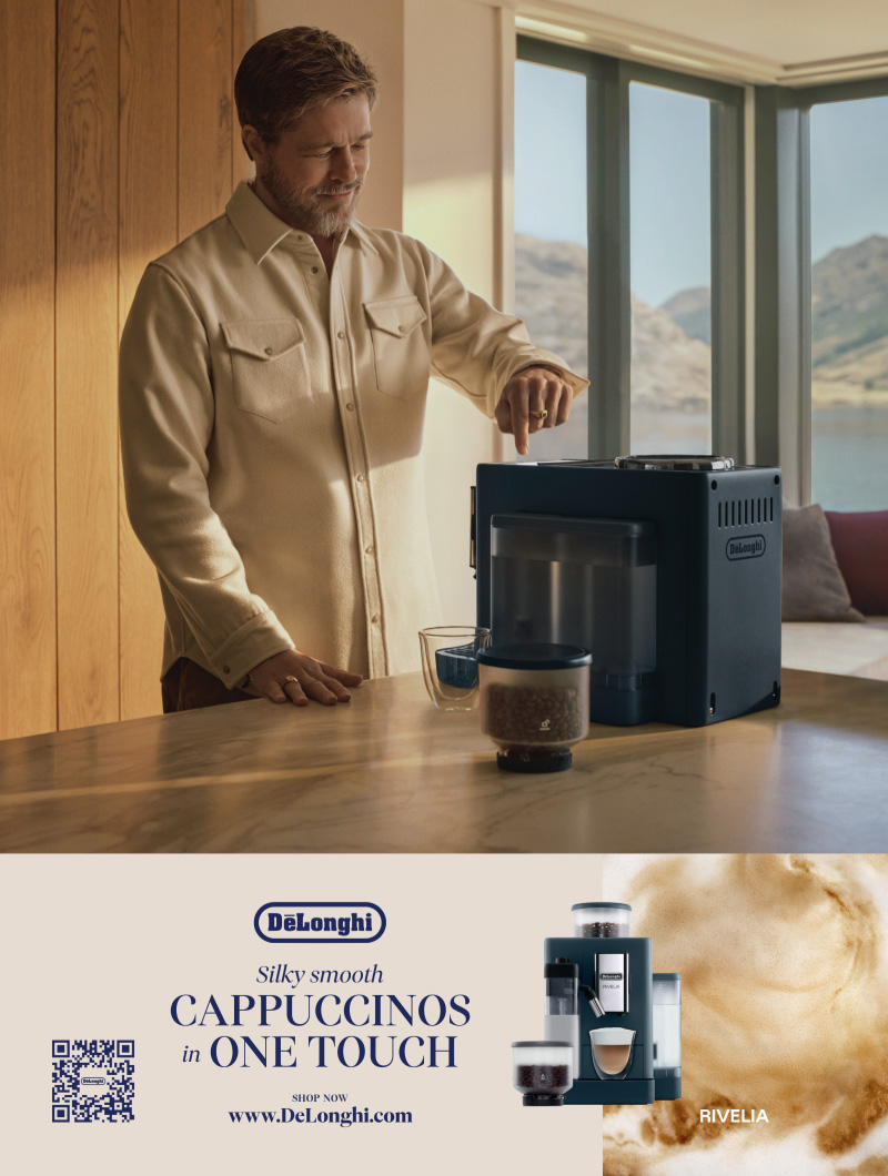 DeLonghi Rivelia espresso machine advertisement featuring Brad Pitt making coffee in a luxury home setting.