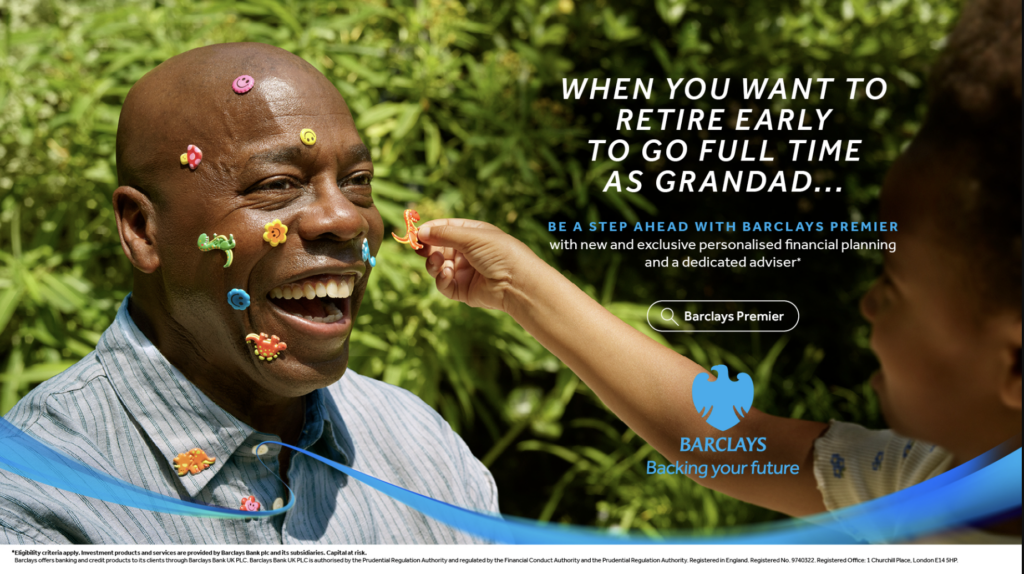 A happy grandad with stickers on his face, part of Barclay's Premier by VCCP